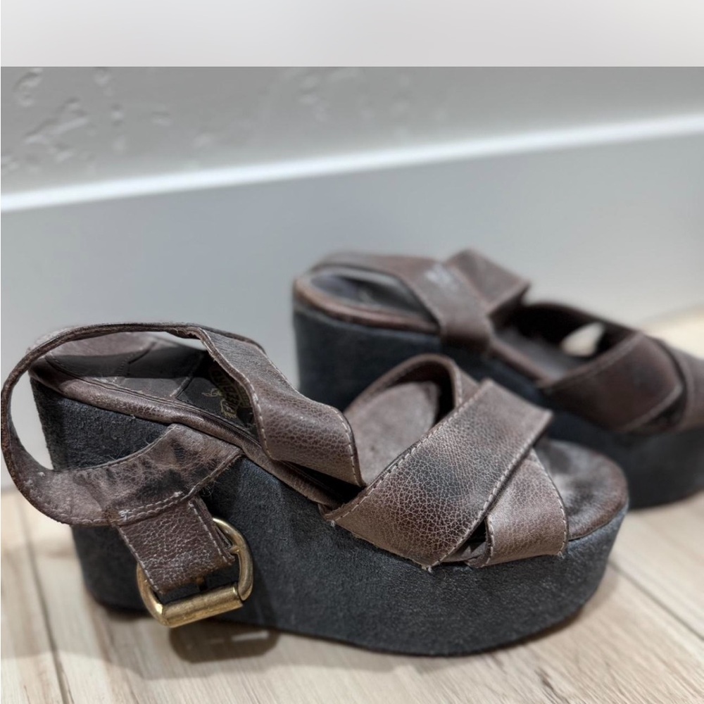 Freebird Brown Leather Wedges with Gray Soles